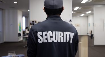 Rear view of a security guard in uniform patrolling in a commercial building